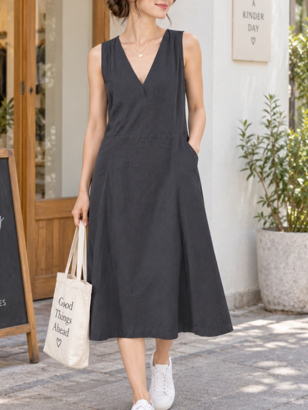 a new day Charcoal V-Neck Midi Dress with Pockets PIT 26 LENGTH 39.5